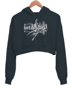 İstanbul Şehri Tasarımı Kadın Crop Hoodie Kapüşonlu Sweatshirt