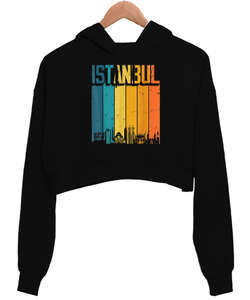 Istanbul Turkey Türkiye Retro Vintage Sunset Baskılı Siyah Kadın Crop Hoodie Kapüşonlu Sweatshirt