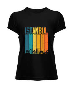 Istanbul Turkey Türkiye Retro Vintage Sunset Baskılı Siyah Kadın Tişört