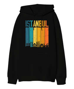 Istanbul Turkey Türkiye Retro Vintage Sunset Baskılı Siyah Oversize Unisex Kapüşonlu Sweatshirt