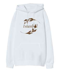 İstanbul ve Lale Beyaz Oversize Unisex Kapüşonlu Sweatshirt