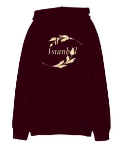 İstanbul ve Lale Bordo Oversize Unisex Kapüşonlu Sweatshirt