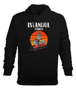 Istanbul Vintage Sunset Turkey Retro Tramvay Galata Baskılı Siyah Erkek Kapüşonlu Hoodie Sweatshirt