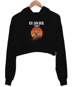 Istanbul Vintage Sunset Turkey Retro Tramvay Galata Baskılı Siyah Kadın Crop Hoodie Kapüşonlu Sweatshirt