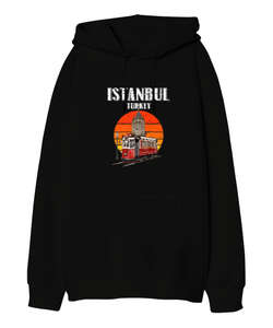 Istanbul Vintage Sunset Turkey Retro Tramvay Galata Baskılı Siyah Oversize Unisex Kapüşonlu Sweatshirt