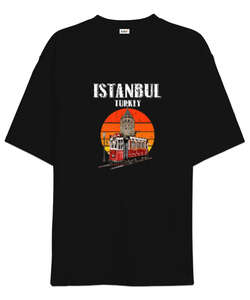 Istanbul Vintage Sunset Turkey Retro Tramvay Galata Baskılı Siyah Oversize Unisex Tişört