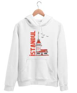 İstanbul yazılı kapüşonlu Beyaz Unisex Kapşonlu Sweatshirt