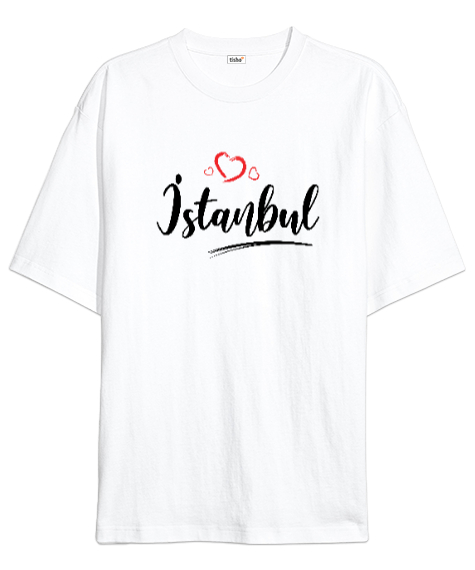 Tisho - İstanbulu Seviyorum - İstanbul ve Kalpler Beyaz Oversize Unisex Tişört