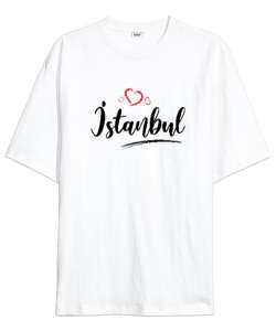 İstanbulu Seviyorum - İstanbul ve Kalpler Beyaz Oversize Unisex Tişört