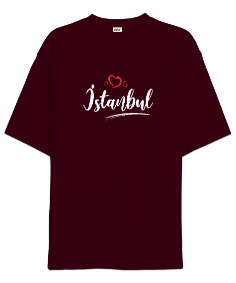 Tisho - İstanbulu Seviyorum - İstanbul ve Kalpler Bordo Oversize Unisex Tişört