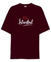 İstanbulu Seviyorum - İstanbul ve Kalpler Bordo Oversize Unisex Tişört - Thumbnail