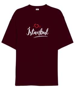 İstanbulu Seviyorum - İstanbul ve Kalpler Bordo Oversize Unisex Tişört