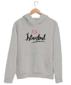 İstanbulu Seviyorum - İstanbul ve Kalpler Gri Unisex Kapşonlu Sweatshirt