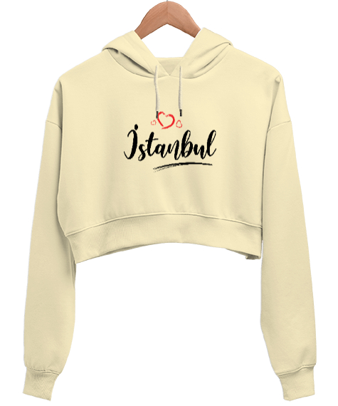 Tisho - İstanbulu Seviyorum - İstanbul ve Kalpler Krem Kadın Crop Hoodie Kapüşonlu Sweatshirt