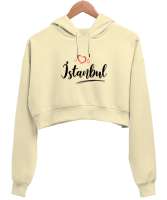 İstanbulu Seviyorum - İstanbul ve Kalpler Krem Kadın Crop Hoodie Kapüşonlu Sweatshirt - Thumbnail