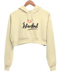 İstanbulu Seviyorum - İstanbul ve Kalpler Krem Kadın Crop Hoodie Kapüşonlu Sweatshirt