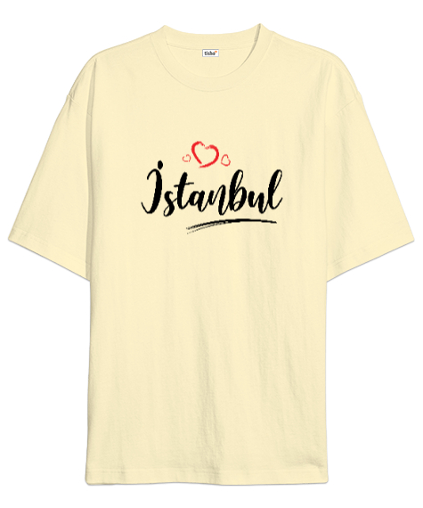 Tisho - İstanbulu Seviyorum - İstanbul ve Kalpler Krem Oversize Unisex Tişört