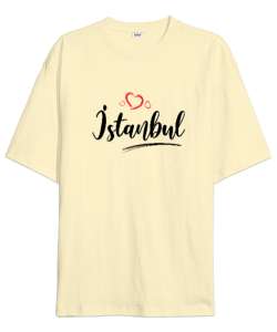 İstanbulu Seviyorum - İstanbul ve Kalpler Krem Oversize Unisex Tişört