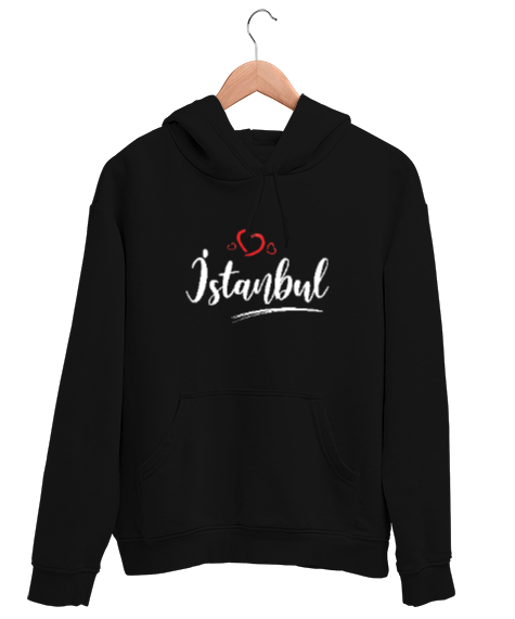 Tisho - İstanbulu Seviyorum - İstanbul ve Kalpler Siyah Unisex Kapşonlu Sweatshirt