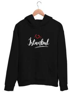 İstanbulu Seviyorum - İstanbul ve Kalpler Siyah Unisex Kapşonlu Sweatshirt