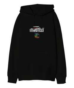 Itımocci Katzen Baskılı Siyah Oversize Unisex Kapüşonlu Sweatshirt