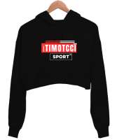 Itımotcci Koşu Baskılı Siyah Kadın Crop Hoodie Kapüşonlu Sweatshirt - Thumbnail