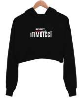 Itımotcci Sport Baskılı Siyah Kadın Crop Hoodie Kapüşonlu Sweatshirt - Thumbnail