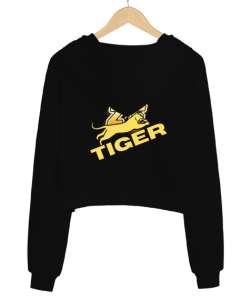 Itımotcci Tiger Baskılı 4 Siyah Kadın Crop Hoodie Kapüşonlu Sweatshirt