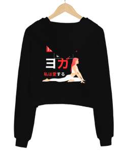 Itımotcci Yogayı Seviyorum Baskılı Siyah Kadın Crop Hoodie Kapüşonlu Sweatshirt