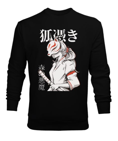 Jaoanese Kitsune Cat Tasarım Siyah Erkek Sweatshirt