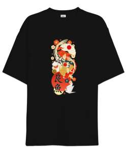 Japanase Culture Koi Fish - Japon Kültürü Siyah Oversize Unisex Tişört