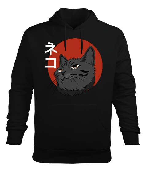 Japanese Cat Siyah Erkek Kapüşonlu Hoodie Sweatshirt