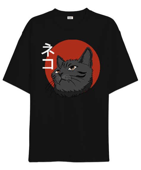 Japanese Cat Siyah Oversize Unisex Tişört