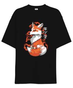 Japanese Fox Siyah Oversize Unisex Tişört