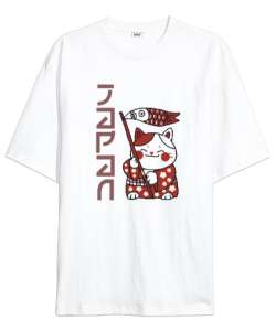 Japon Kedi - Japanase Cat Beyaz Oversize Unisex Tişört