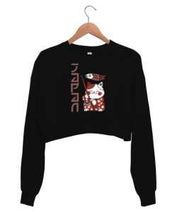 Japon Kedi - Japanase Cat Siyah Kadın Crop Sweatshirt