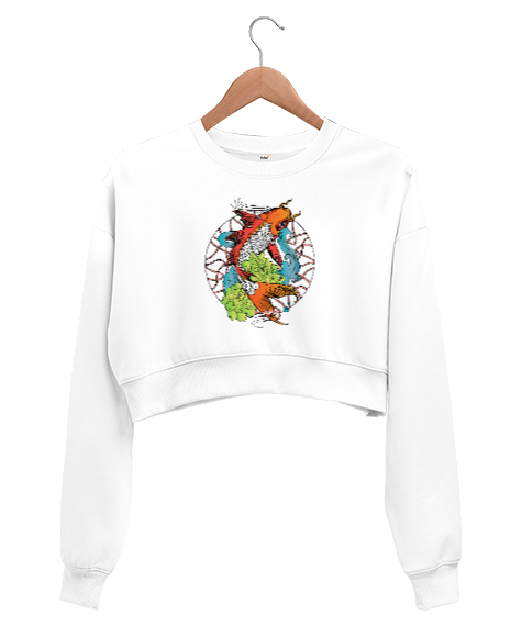 Tisho - Japon Koi Fish - Balık Beyaz Kadın Crop Sweatshirt