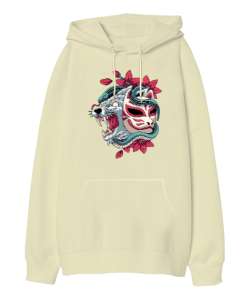 Japon Kültürü - Kurt - Maske - Japan Krem Oversize Unisex Kapüşonlu Sweatshirt