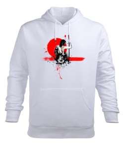 Japon Samuray Tasarım Baskılı Beyaz Erkek Kapüşonlu Hoodie Sweatshirt