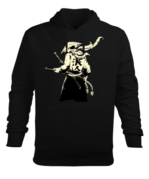 Japon Samuray Tasarım Baskılı Siyah Erkek Kapüşonlu Hoodie Sweatshirt