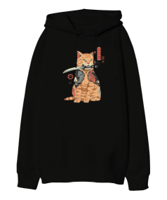 Japon Yakuza Kedi Tasarım Baskılı Oversize Unisex Kapüşonlu Sweatshirt