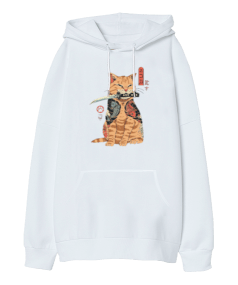 Japon Yakuza Kedi Tasarım Baskılı Oversize Unisex Kapüşonlu Sweatshirt