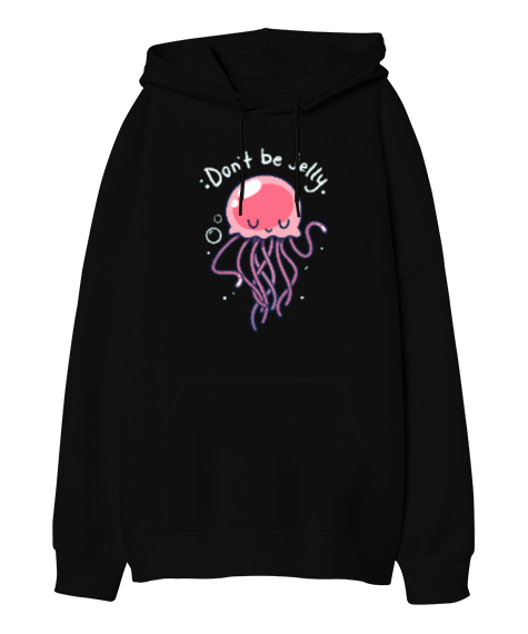 Jellyfish - Sevimli Denizanası Siyah Oversize Unisex Kapüşonlu Sweatshirt