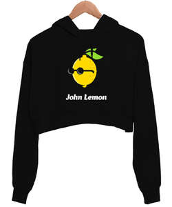 John Lemon V1 Siyah Kadın Crop Hoodie Kapüşonlu Sweatshirt