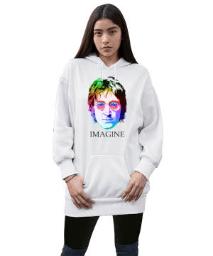 John Lennon - Imagine - OneArtTasarım Kadın Uzun Hoodie Kapüşonlu Sweatshirt