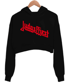 Judas Priest Tasarımı Baskılı Siyah Kadın Crop Hoodie Kapüşonlu Sweatshirt