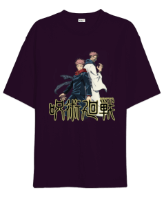 Jujutsu Kaisen Anime Tasarım Baskılı Koyu Mor Oversize Unisex Tişört