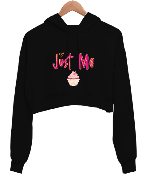 just me Siyah Kadın Crop Hoodie Kapüşonlu Sweatshirt