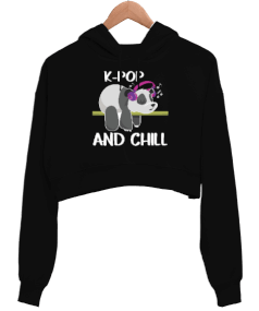 K-Pop and Chill Siyah Kadın Crop Hoodie Kapüşonlu Sweatshirt