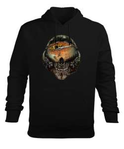 Kafatası Pilot - Skull Siyah Erkek Kapüşonlu Hoodie Sweatshirt